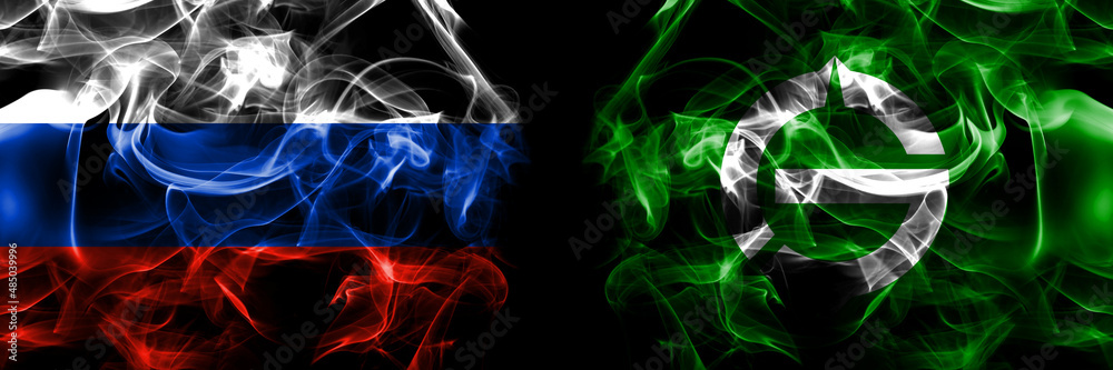 Russia, Russian vs Japan, Japanese, Hamatonbetsu, Hokkaido, Soya, Subprefecture flags. Smoke flag placed side by side isolated on black background