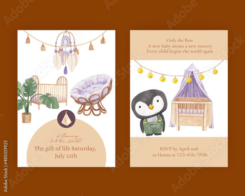 Baby shower card template with very peri boho nursery concept,watercolor style