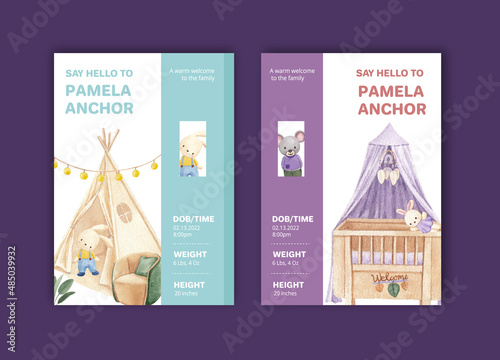 Baby shower card template with very peri boho nursery concept,watercolor style