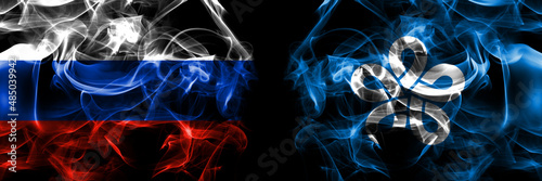 Russia, Russian vs Japan, Japanese, Fukuoka Prefecture flags. Smoke flag placed side by side isolated on black background