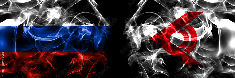 Russia, Russian vs Japan, Japanese, Kuriyama, Hokkaido flags. Smoke flag placed side by side isolated on black background