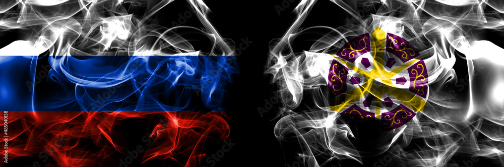 Russia, Russian vs Japan, Japanese, Kyoto, City flags. Smoke flag placed side by side isolated on black background