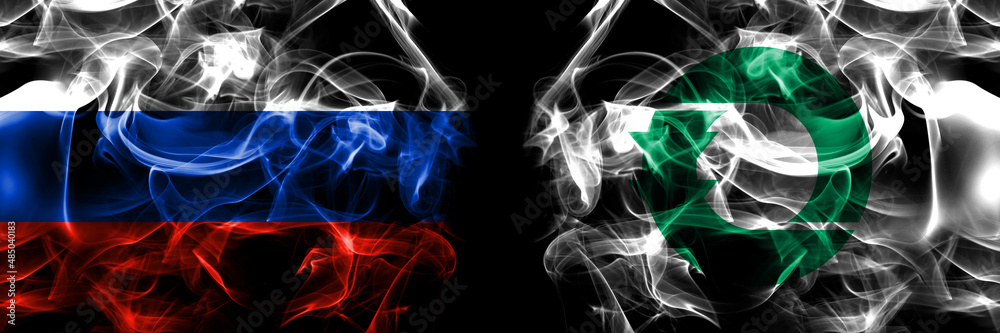 Russia, Russian vs Japan, Japanese, Moseushi, Hokkaido, Sorachi, Subprefecture flags. Smoke flag placed side by side isolated on black background