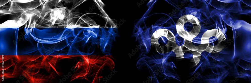 Russia, Russian vs Japan, Japanese, Osaka Prefecture flags. Smoke flag placed side by side isolated on black background