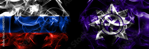 Russia, Russian vs Japan, Japanese, Okayama flags. Smoke flag placed side by side isolated on black background