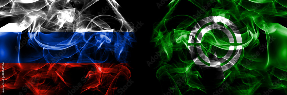 Russia, Russian vs Japan, Japanese, Takinoue, Hokkaido, Okhotsk, Subprefecture flags. Smoke flag placed side by side isolated on black background