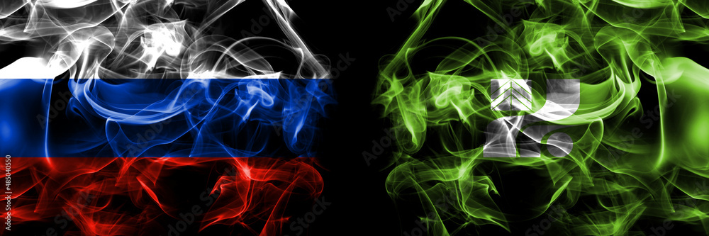 Russia, Russian vs Japan, Japanese, Tochigi Prefecture flags. Smoke flag placed side by side isolated on black background