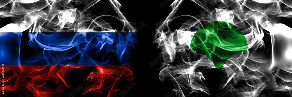 Russia, Russian vs Japan, Japanese, Tokyo flags. Smoke flag placed side by side isolated on black background