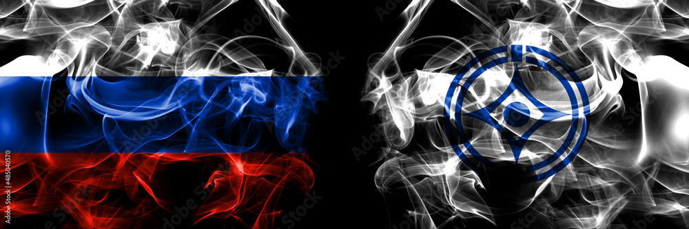 Russia, Russian vs Japan, Japanese, Tomari, Hokkaido, Nemuro, Subprefecture flags. Smoke flag placed side by side isolated on black background