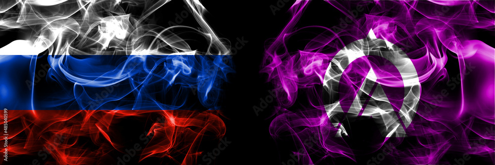 Russia, Russian vs Japan, Japanese, Urausu, Hokkaido, Sorachi, Subprefecture flags. Smoke flag placed side by side isolated on black background