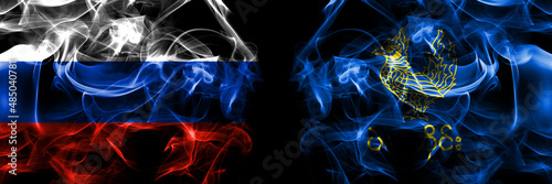 Russia, Russian vs Myanmar, Bago Division flags. Smoke flag placed side by side isolated on black background photo