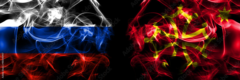 Russia, Russian vs Occitania flags. Smoke flag placed side by side isolated on black background