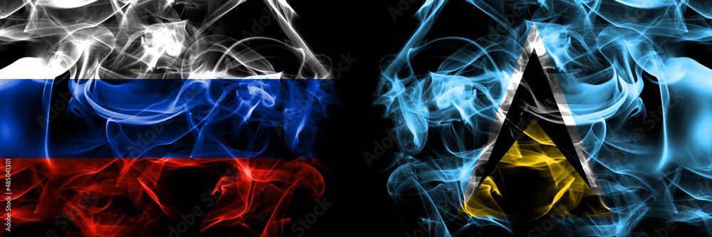 Russia, Russian vs Saint Lucia flags. Smoke flag placed side by side isolated on black background