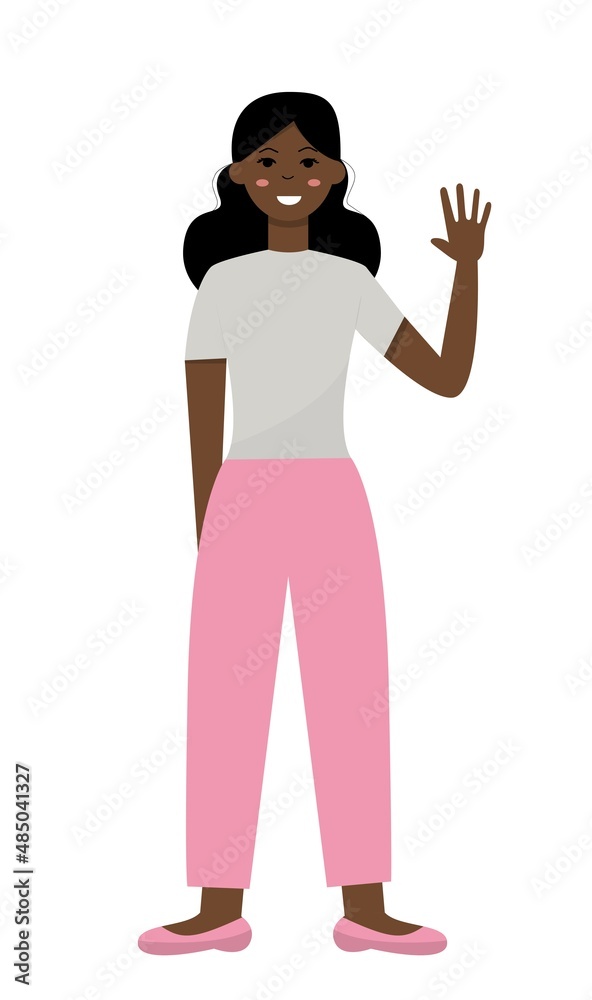 Vector illustration. Flat character girl waving hand on white background. Can be used to create advertisements, postcards, banners, posters.