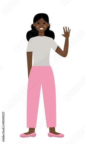 Vector illustration. Flat character girl waving hand on white background. Can be used to create advertisements, postcards, banners, posters.