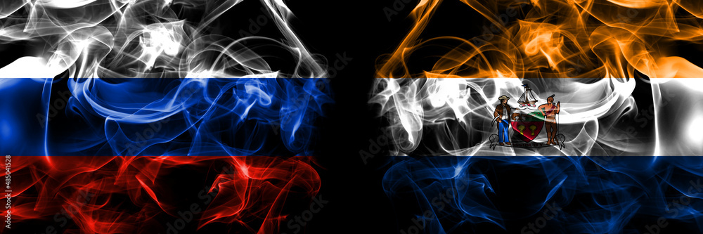 Russia, Russian vs United States of America, America, US, USA, American, Albany, New York flags. Smoke flag placed side by side isolated on black background