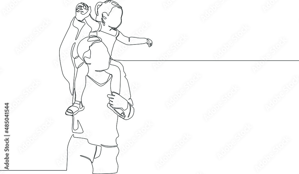Fototapeta premium Simple continuous line drawing of a dad cradle his son and playing together. Vector illustration. Family Gathering. Happy Family.