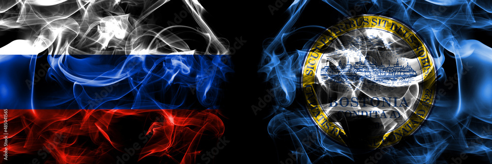 Russia, Russian vs United States of America, America, US, USA, American, Boston, Massachusetts flags. Smoke flag placed side by side isolated on black background