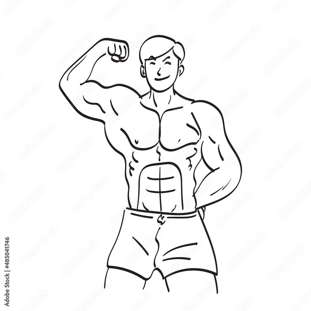 strong man with muscles showing his biceps illustration vector hand drawn isolated on white background line art. strong man with muscles showing his biceps illustration vector hand drawn isolated on white background line art.