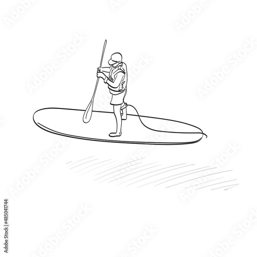 man with life jacket and cap standing up on paddle board illustration vector hand drawn isolated on white background line art.