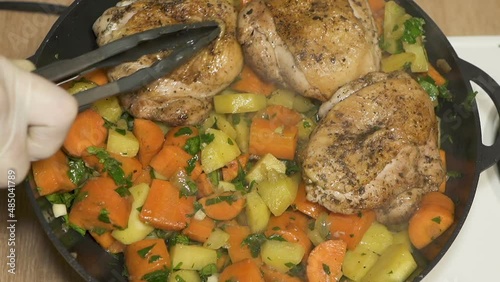 Cook fry chicken And  vegetable. Food team 
