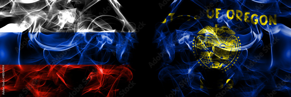 Russia, Russian vs United States of America, America, US, USA, American, Oregon flags. Smoke flag placed side by side isolated on black background
