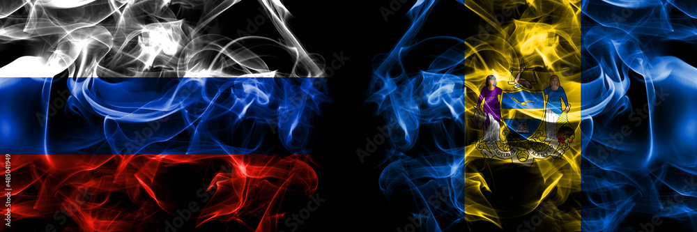 Russia, Russian vs United States of America, America, US, USA, American, Philadelphia, Pennsylvania flags. Smoke flag placed side by side isolated on black background