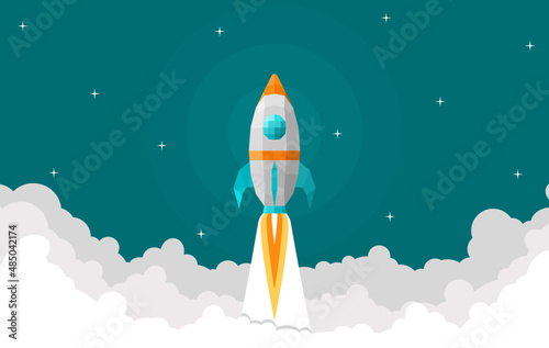 Polygon Rocket Ship soars above the cloud at power speed. Startup Project New Business idea concept for presentation, banner, poster, web, and background. Vector illustration Flat cartoon design.