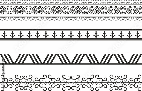 Vector set of seamless monochrome Yakut ornaments. Borders, frames, patterns of the peoples of the Far North, Asia, Siberia, tundra, taiga, far windmill.
