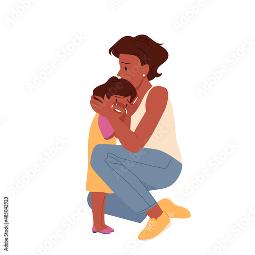 Anxious mom calming down her little crying daughter. Sobbing upset child embracing mother, parenting with helpful speech and emotional supporting cartoon vector illustration