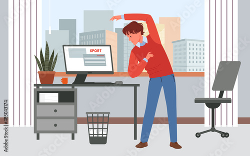 Scene of employee doing physical exercises in office. Worker health and body wellbeing, sport warming up break and stretching activity at workstation cartoon vector illustration