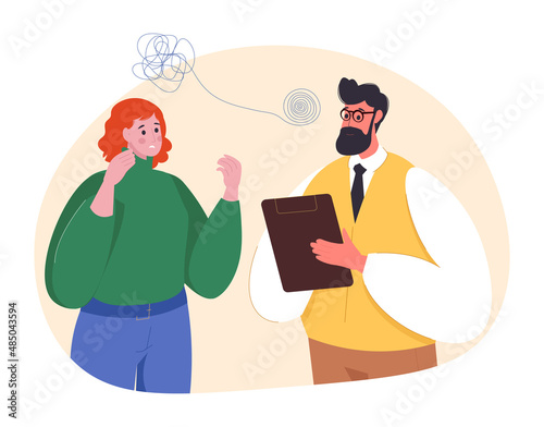 Mental health concept - woman talking to psychologist about her problems.  Psychology therapy and counseling for people suffering from stress and depression.  Vector illustration in flat style.