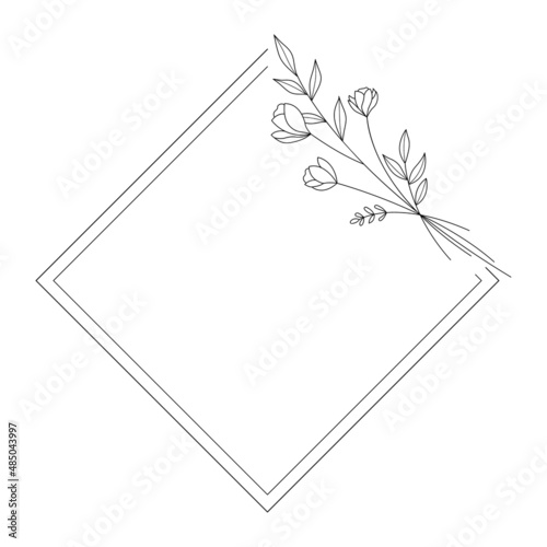 Fototapeta Naklejka Na Ścianę i Meble -  Floral Wreath branch in hand drawn style. Floral Rhombus black and white frame of twigs, leaves and flowers. Frames for the Valentine's day, wedding decor, logo and identity template.