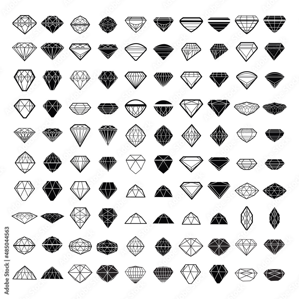 100 diamonds bundle. Luxury gem cutting set. Vector illustration