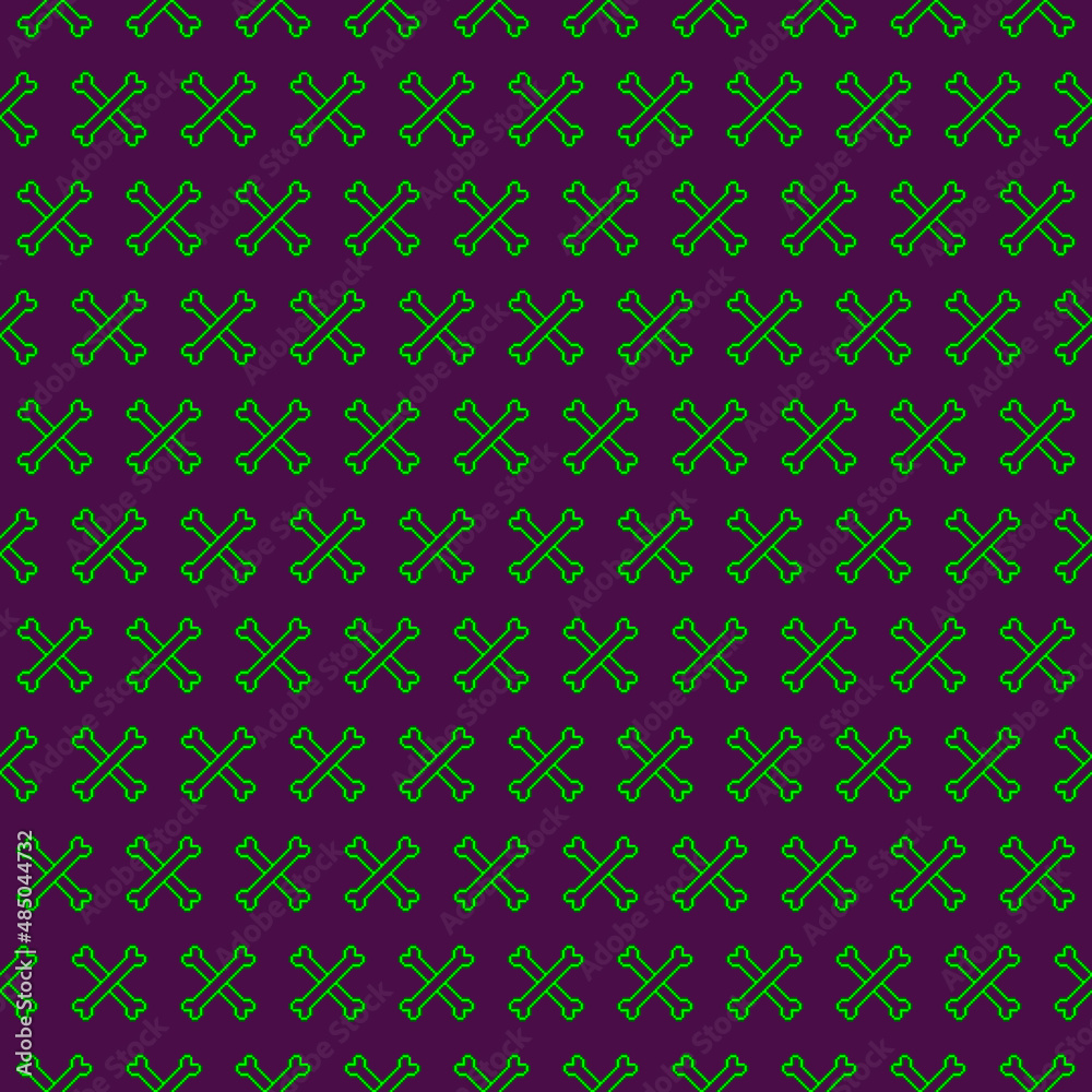 colorful simple vector pixel art seamless pattern of minimalistic two neon green glowing crossbones
