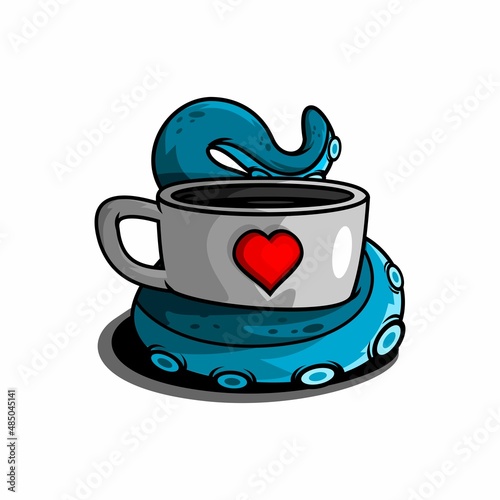 vector illustration of an octopus wrapped around a cup of coffee and a love sign