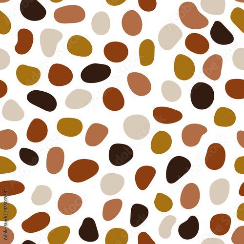 Abstract seamless pattern doodle spots, dots in earth tone, fall palette on white background. Choatic varied shapes, polka dot