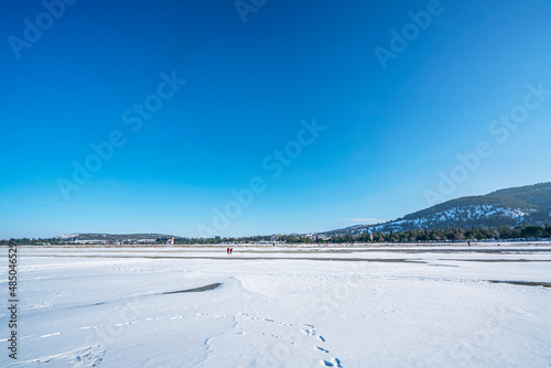 Scenic views of Salda lake in winter which is  famous with white sand, glassy turquoise water, Burdur, Turkey