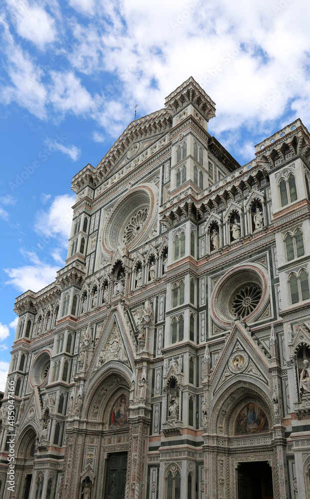 Facade of Gothic style of the famous Cathedral of florence also called  Saint Mary of the Flower in the Tuscany Region in Central Italy