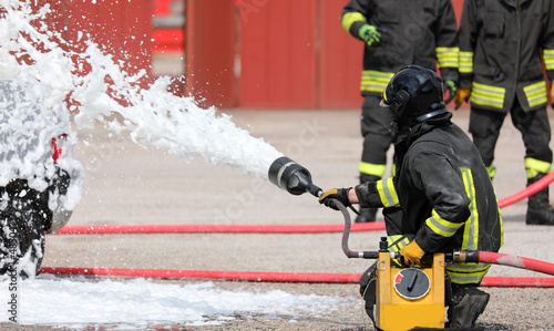 Bilde på lerret firefighters use a jet of foam to put out the fire after the car accident
