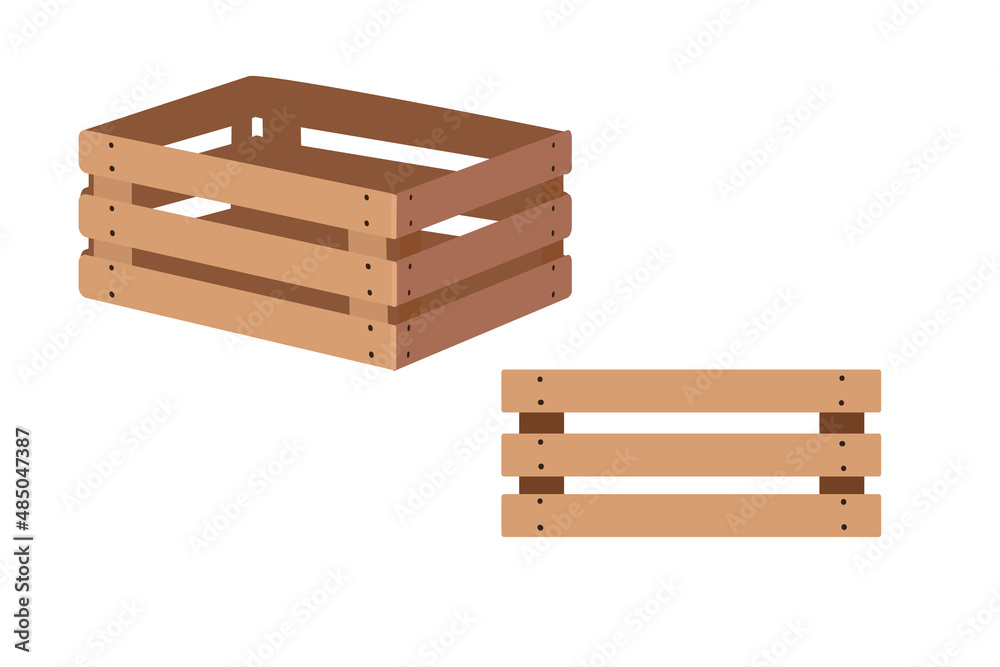 Vector illustration of a brown wooden box with holes. The box is highlighted on a white background. Box for storing and transporting food, vegetables and fruit. Flat design Vector illustration of a brown wooden box with holes. The box is highlighted on a white background. Box for storing and transporting food, vegetables and fruit. Flat design