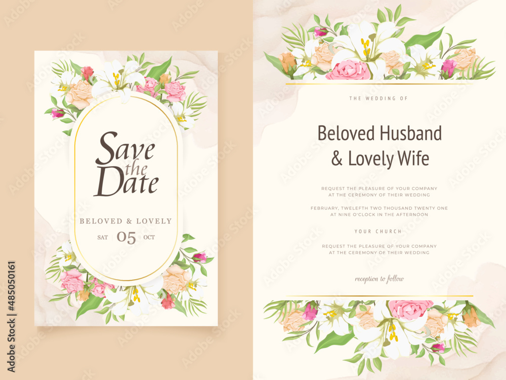 Wedding Invitation Card Floral with Lilies and Roses Design