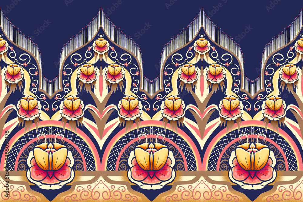 Pink Yellow Brown Flower on Navy Blue. Geometric ethnic oriental pattern traditional Design for background,carpet,wallpaper,clothing,wrapping,Batik,fabric, illustration embroidery style