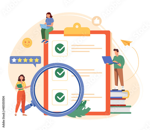 Online customer satisfaction survey. Large paper with checkmarks and crosses. Tiny people characters doing priorities checklist flat vector illustration. Work planning, feetback and management concept