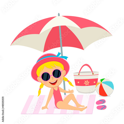 cute cartoon girl sunbathing in summer