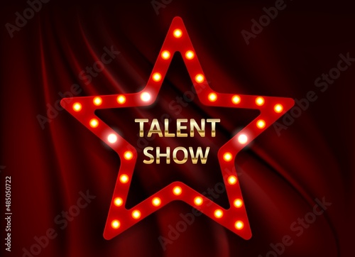 Golden talent show text in the star over red curtain. Event invitation poster. Festival performance banner