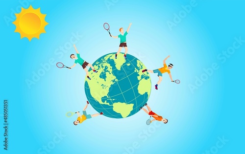 Sportsman run around 3d globe, isometric view,  blue sky bacground vector