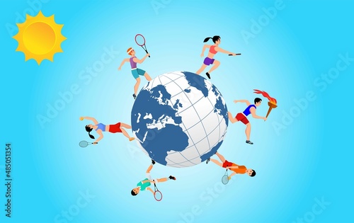 Sportsman run around 3d globe, isometric view,  blue sky bacground vector