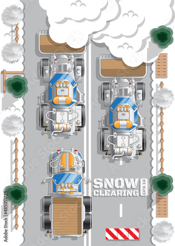 Cleaning the snow off the road. View from above. Vector illustration.