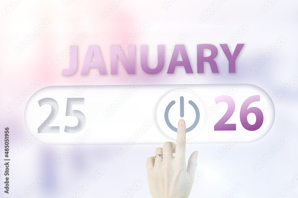 January 26th. Day 26 of month, Calendar date.Hand finger switches pointing calendar date on sunlight office background. Winter month, day of the year concept. January 26th. Day 26 of month, Calendar date.Hand finger switches pointing calendar date on sunlight office background. Winter month, day of the year concept.